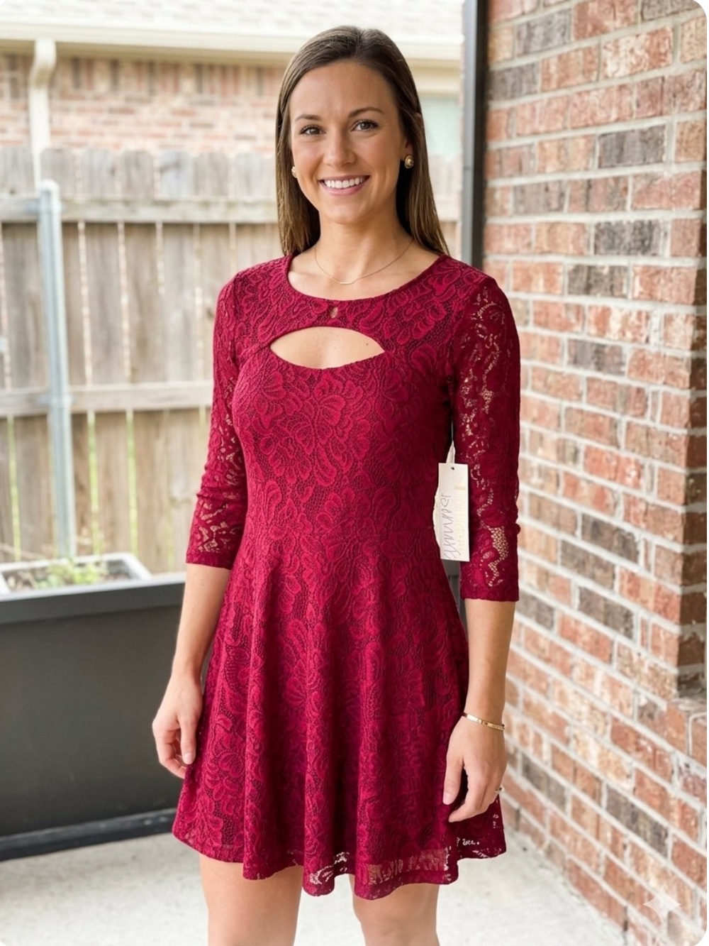 👗Almost Famous burgundy Red Lace Fit & Flare Dress